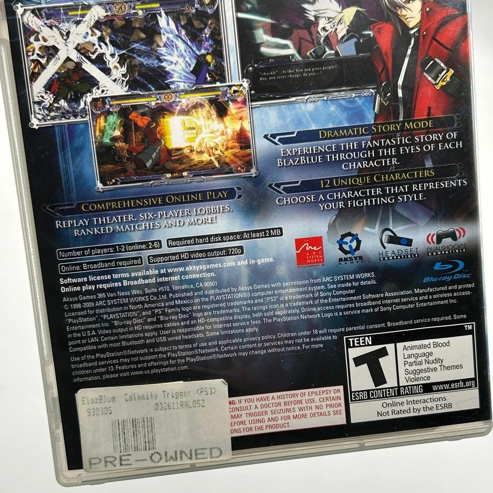 BlazBlue Calamity Trigger Sony PlayStation 3 PS3 2009 Anime Teen Complete in Box